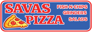 Savas Pizza restaurant logo featuring a pepperoni slice, fish-n-chips, grinders, and salads.