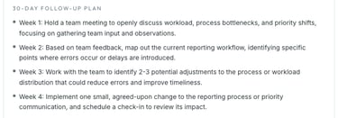 A 30-day follow-up plan outline for team workflow optimization and reporting process improvement.