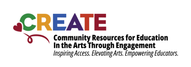 Colorful CREATE logo with rainbow letters and a red heart icon on a black background.