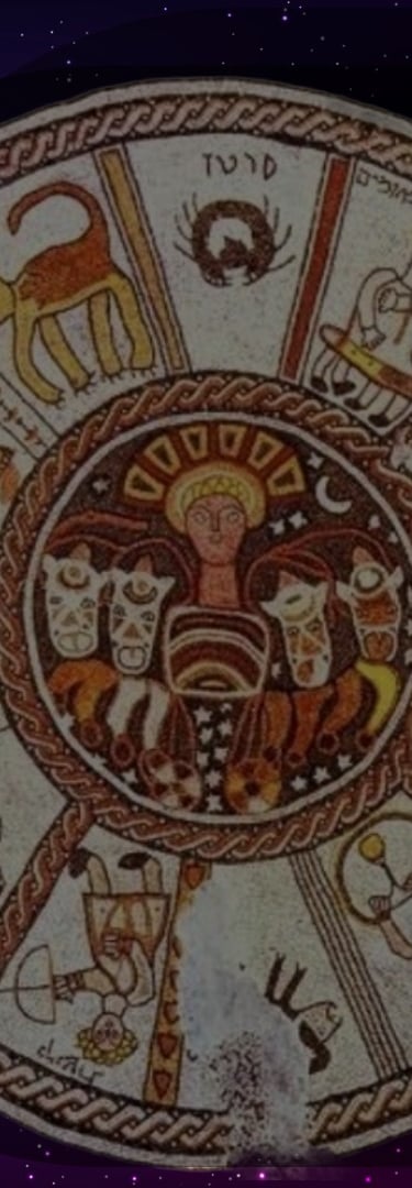 Ancient Beth Alpha mosaic wheel featuring Hebrew zodiac signs and Helios