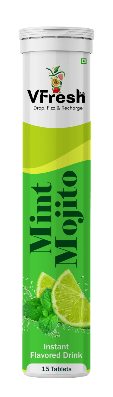 VFresh Mint Mojito effervescent tablets tube for an instant flavored drink with fresh lime and mint.