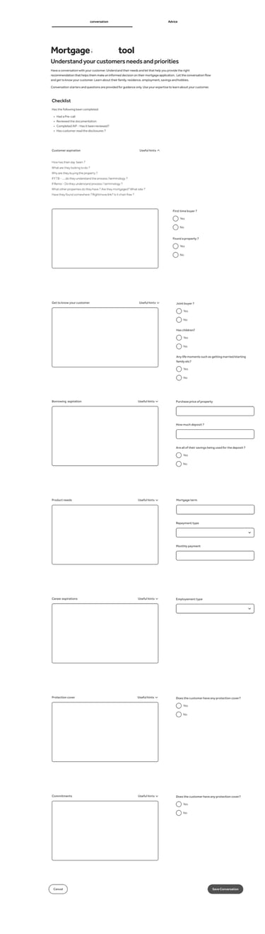 Wireframe of a form with fields for the advisor to complete
