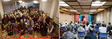 おたび寄席の客席と出演者を含む集合写真と、高座で演目が行われている様子を撮影した室内会場の写真｜堺市のイベント情報ならサカイタイムズ