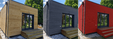 Before and after preview of natural exterior wood paint colors simulated on raw wood siding