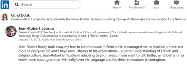 A. Dolak's testimonial on LinkedIn for J.-R. Lebrun French teacher in Brussels av. Couronne | bus 95