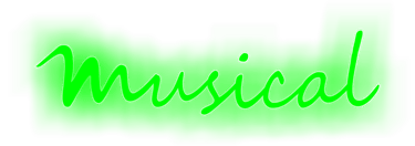 Glowing green neon sign spelling the word Musical in a cursive font against a black background.