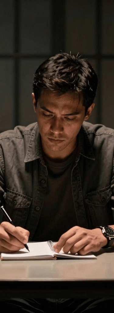 A close-up photograph of a person's hands resting calmly on a dark wood table next to a notebook. The lighting is soft and natural, emphasizing a sense of composure and preparation. The scene uses muted sage green and deep forest green tones in the shadows.