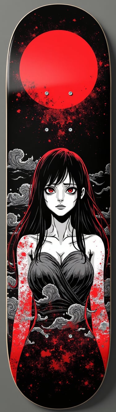 Custom anime skateboard deck featuring a gothic girl with red eyes and a large crimson moon graphic.