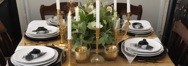 a table setting with gold and black plates and goldware