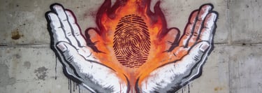 Two palms facing upwards holding a flame with a human fingerprint