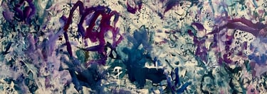 closeup image of a teal, purple and blue with tan background large painting