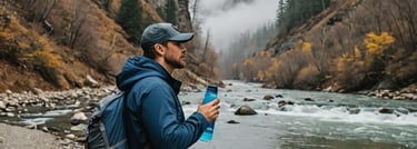 a man standing on a river bank in the mountains with a water bottle