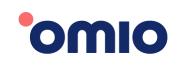 Omio travel platform logo in blue text with a red dot on a black background.