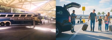 Split-screen comparing a vintage Magical Express bus with a family hauling heavy luggage to a rideshare at the airport.