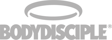The BodyDisciple fitness brand logo featuring bold white text with a grey halo icon above it on a black background.