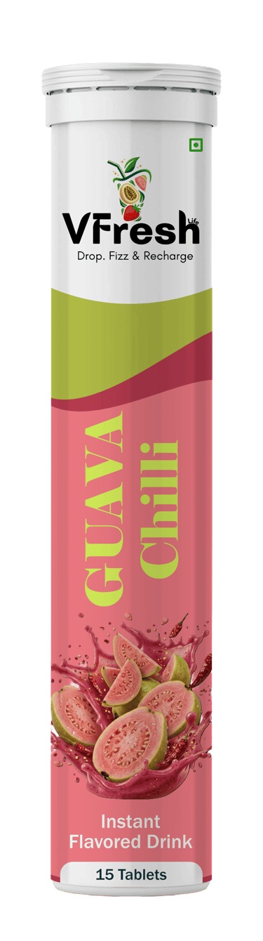 VFresh Guava Chilli instant flavored drink tube with 15 effervescent tablets for a spicy fruit beverage.