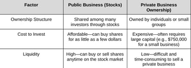 Compares public vs private business ownership, cost to invest, and liquidity. 