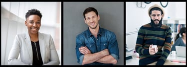 Three people in various office settings smiling at the camera