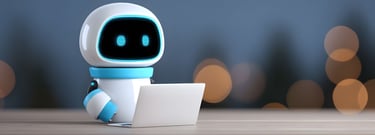 A small, cute robot working at a laptop computer