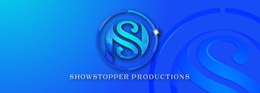 a blue and white logo with the word show stopper production