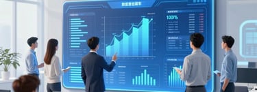 A sleek, minimalistic workspace with a laptop displaying data charts and a notebook beside it.