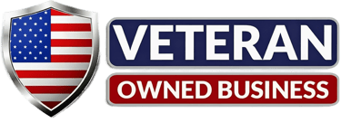 Official Veteran Owned Business logo featuring an American flag shield and bold text.