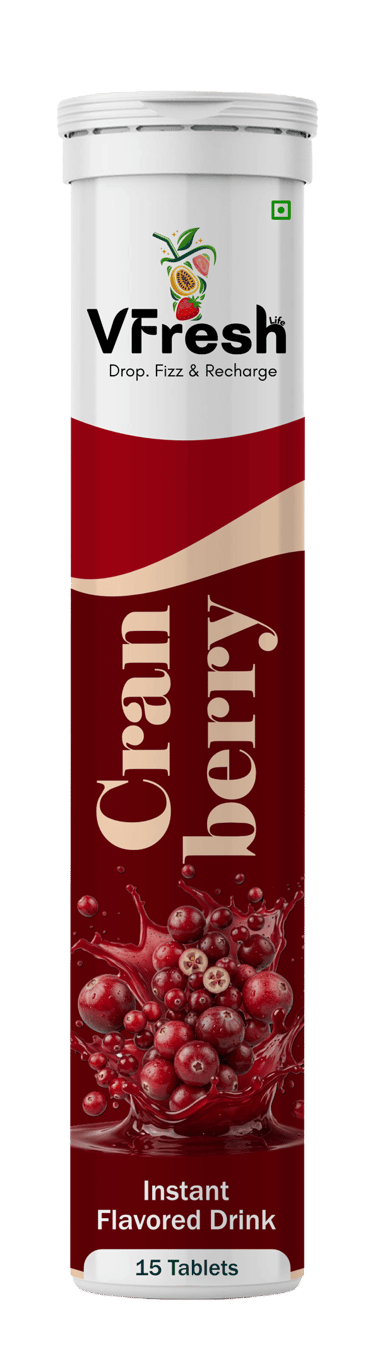 VFresh Cranberry flavored instant drink effervescent tablets tube for quick hydration.
