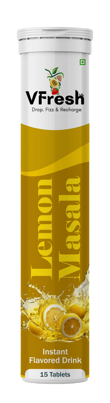 VFresh Lemon Masala instant flavored drink tube with 15 effervescent tablets for a refreshing fizz.