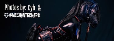 Man in horse mask and gear, and photo credits: Cyb & Mechant Renard