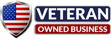 Official Veteran Owned Business logo featuring an American flag shield and bold text.