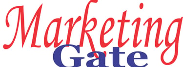 Marketing Gate business logo featuring red cursive script and bold blue serif typography.