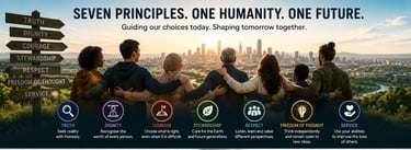 Diverse group of people hugging and overlooking a city skyline with text outlining seven guiding principles for humanity.