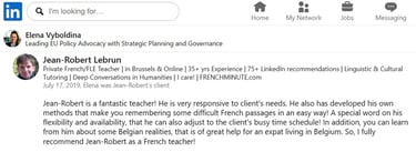 LinkedIn recommendation for Jean-Robert Lebrun, a private French & FLE teacher in Brussels.