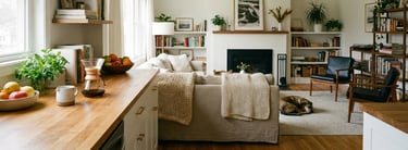 a living room with a fireplace and a couch