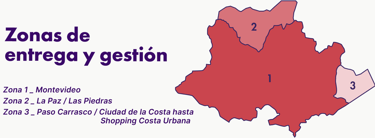Zonas de entrega y gestión: Zona 1 (Montevideo), Zona 2 (La Paz / Las Piedras), Zona 3 (Paso Carrasco / hasta Costa Urbana)