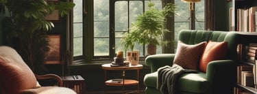 a living room with a green chair and a chair