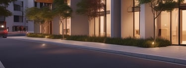 Sophisticated luxury apartment building with clean lines and modern architecture at dusk.
