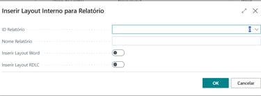 Software modal for internal report layout settings with fields for Report ID, name, Word and RDLC options.
