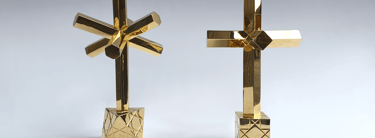 In Hoc Signo, the gilded, geometric bronze sculptures by Byrga Geniht