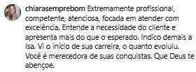 Print com o depoimento da cliente chiara