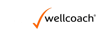 Official Wellcoach logo featuring black lowercase text and an orange checkmark icon.