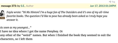 SE HInton answers a question on Twitter