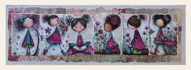 Quadretti artigianali per bambini: fermento a Guendalina. 6 bimbe create con ritagli artigianali su legno.