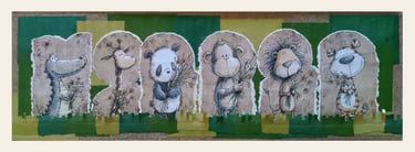 Quadretti artigianali per bambini: giungla sorridente con animali. Erba in rilievo e ritagli artigianali su legno.