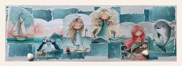 Quadretti artigianali per bambini: mare di Ibiza. Sirenetta, delfini e vere conchiglie, ritagli artigianali su legno.