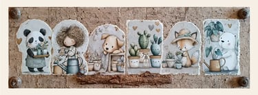 Decorazioni cameretta bosco, quadro materico collage piante con panda, bimba, volpe e ghiande vere. - Guance Rosse