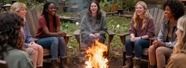 A circle of women around a glowing bonfire under tall trees at dusk, crafting and laughing together.