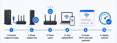 Step-by-step router setup path for connecting modem, router, Wi-Fi, and devices.