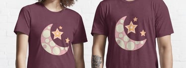 a couple of people standing next to each other wearing matching moon shirts