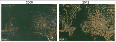 Satellite photos of the Amazon rainforest (Rondônia, Brazil) in 2000 and 2012